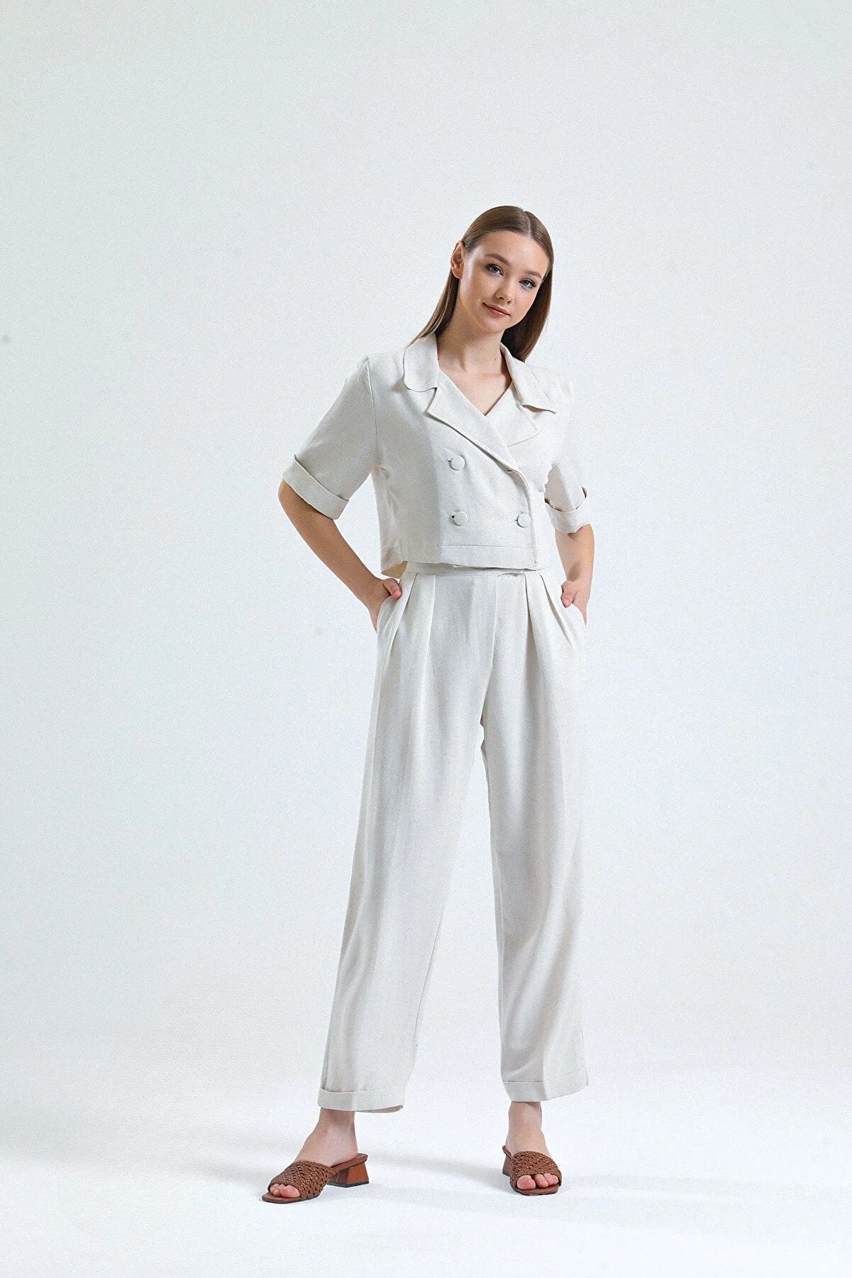 High Waist Plicated Detail Pants With Side Pockets and Belt Holes Trouser  Pants 19A0054