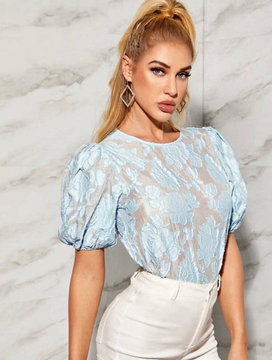 Stylish and comfortable Joanne Puff Sleeve Floral Jacquard Top for effortless fashion.