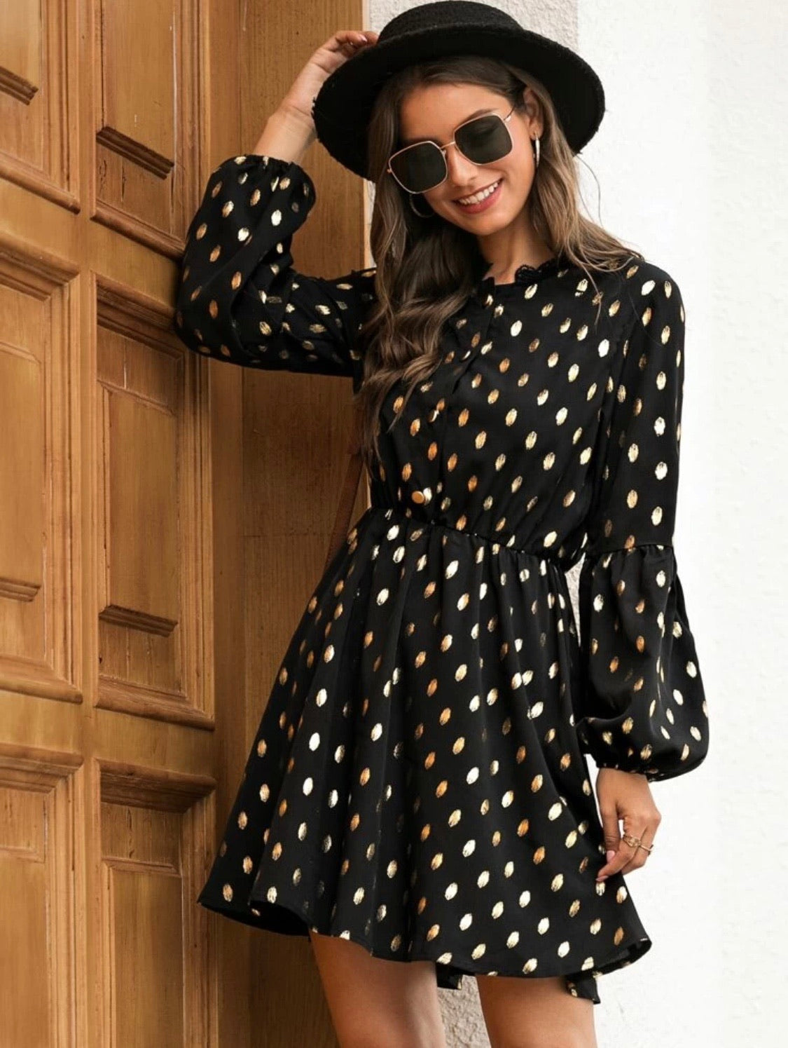 Non-stretch polka dot lace dress with contrasting lace detail.