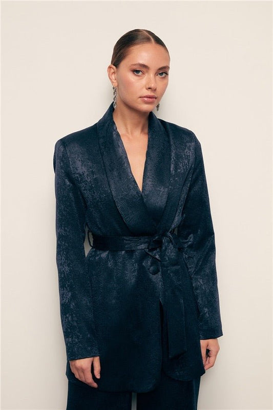 Jacquard Belted Long Jacket - Navy Blue - LussoCA