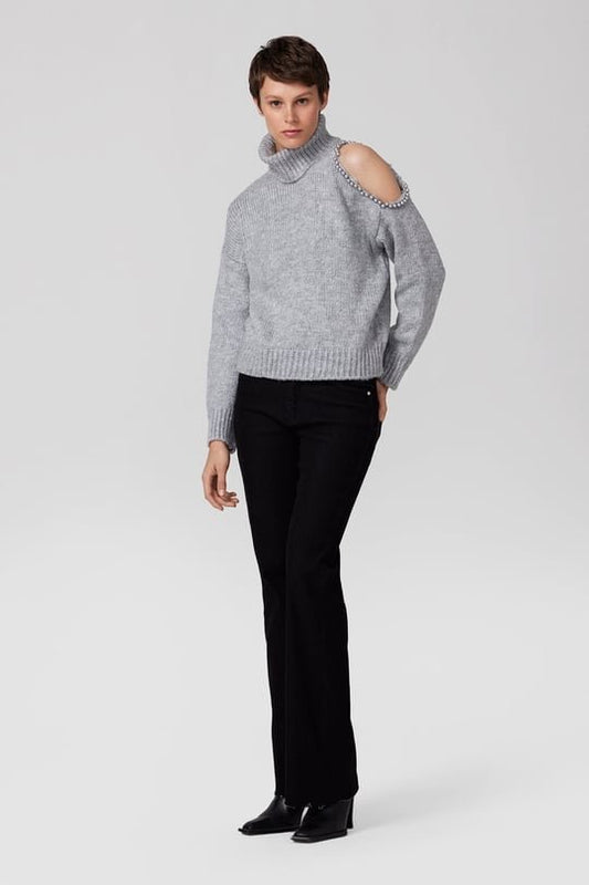 Knitwear Sweater with Cut-Out Detail and Faux Pearls - Blue - LussoCA