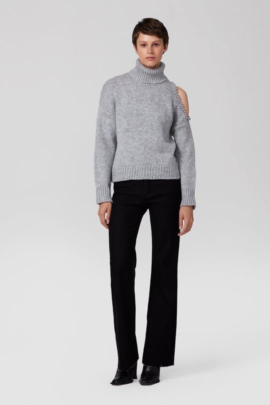 Knitwear Sweater with Cut-Out Detail and Faux Pearls - Blue - Top - LussoCA