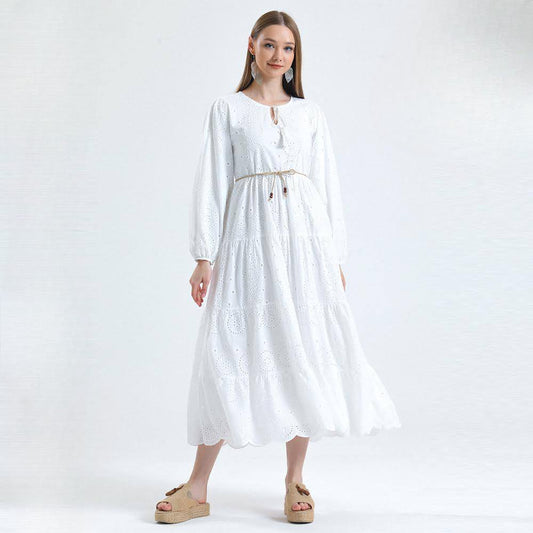 Kramer Cotton Eyelet LongSleeve Midi Dress - White - Dress - LussoCA