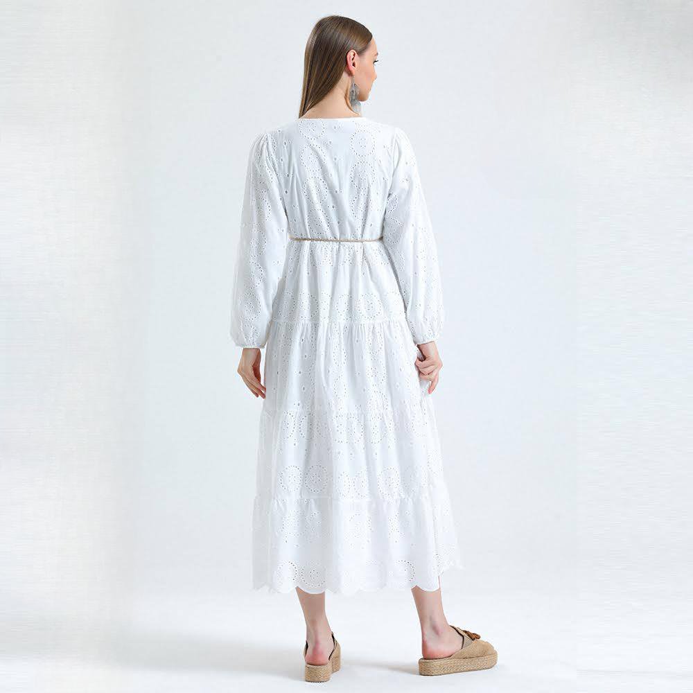 Kramer Cotton Eyelet LongSleeve Midi Dress - White - Dress - LussoCA