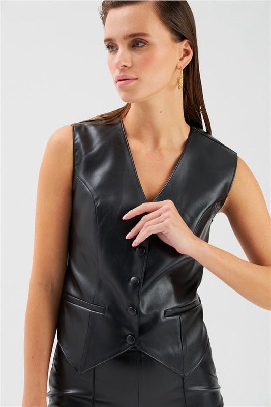 Button Detailed Leather Vest - Black - LussoCA