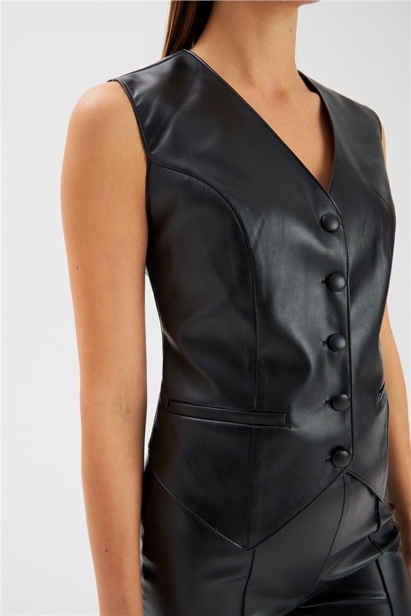 Button Detailed Leather Vest - Black - LussoCA