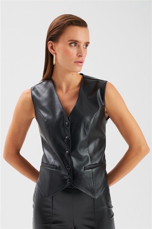 Button Detailed Leather Vest - Black - LussoCA