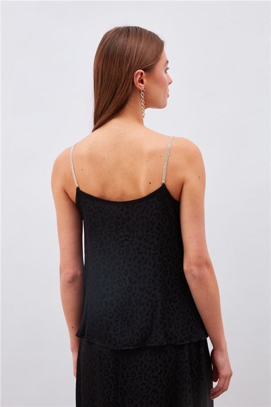 Leopard Cami Top with Diamond Strap - Black - LussoCA