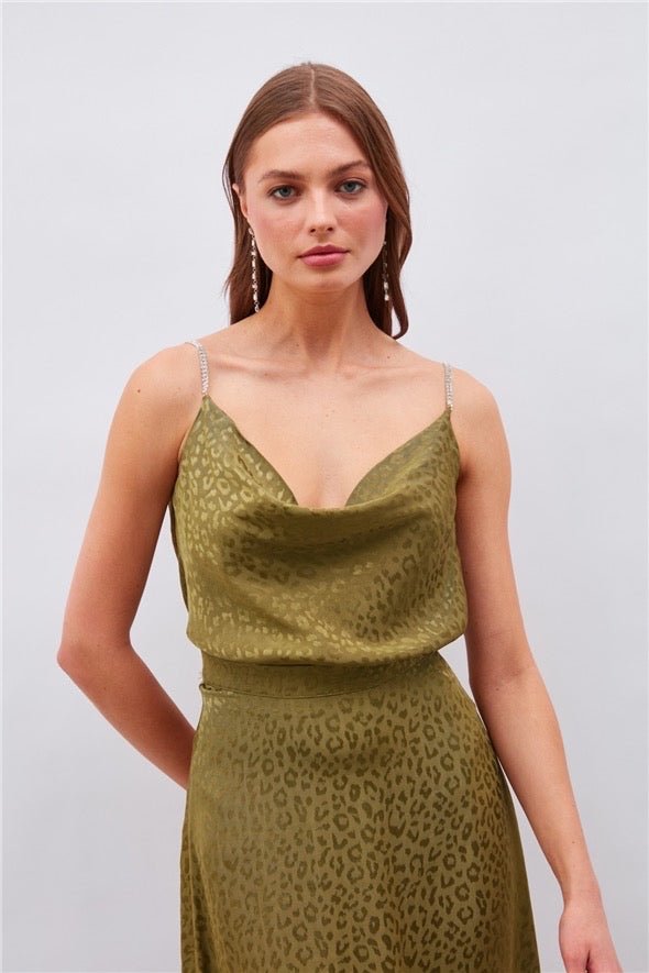 Leopard Cami Top with Diamond Strap - Olive Green - Top - LussoCA