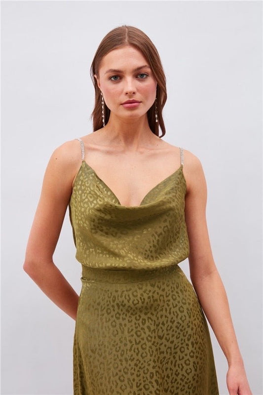 Leopard Cami Top with Diamond Strap - Olive Green - LussoCA