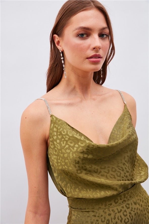 Leopard Cami Top with Diamond Strap - Olive Green - Top - LussoCA