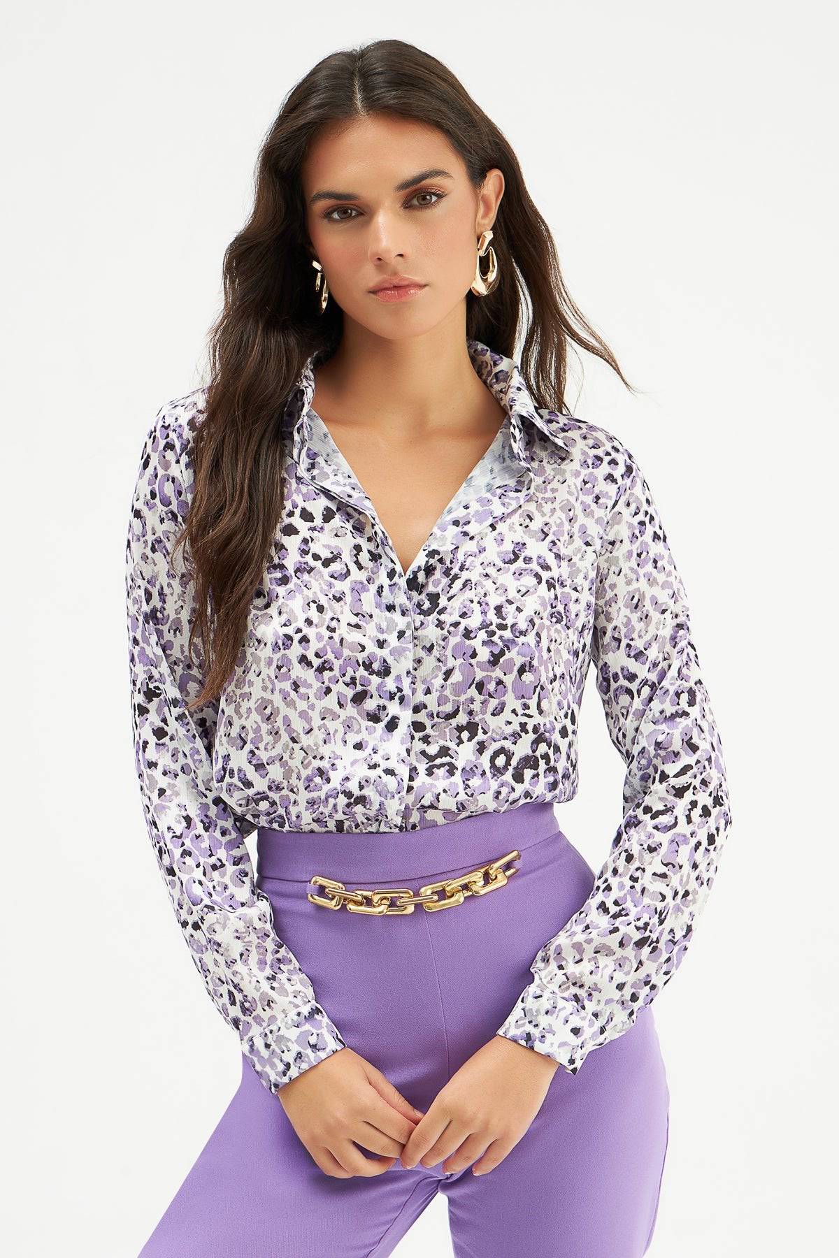 Leopard Patterned Plain Shirt - Lilac - LussoCA