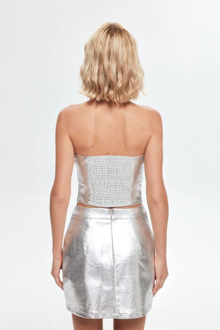 Metallic Strapless Denim Top - Silver - LussoCA