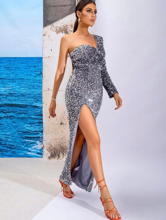 Midi Dress One Shoulder Sweetheart Neck with Long Slit Velvet Sequins Dress - Silver - LussoCA