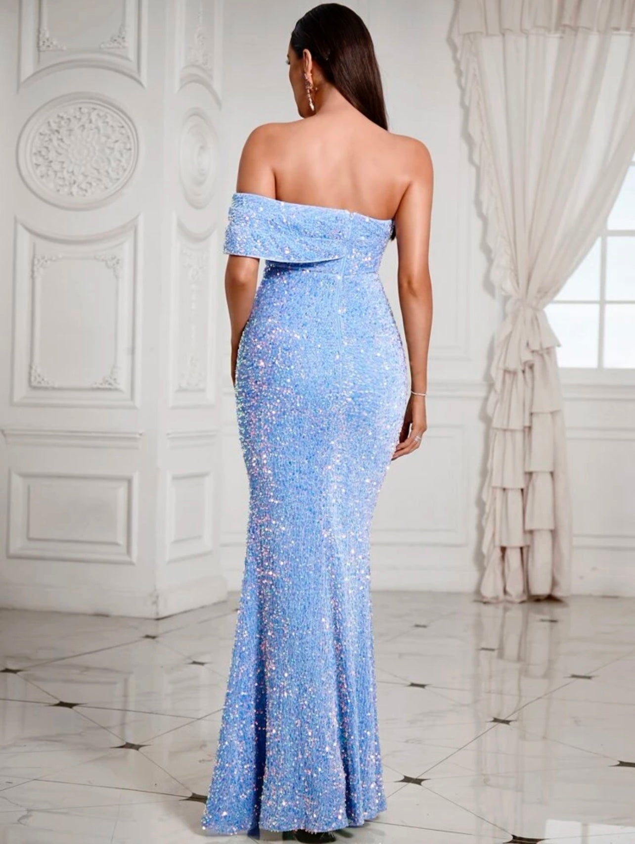 One Shoulder Split Thigh Sequin Formal Dress - Baby Blue - Dress - LussoCA