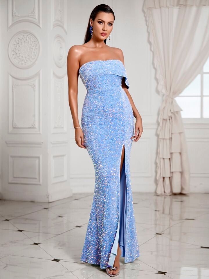 One Shoulder Split Thigh Sequin Formal Dress - Baby Blue - Dress - LussoCA