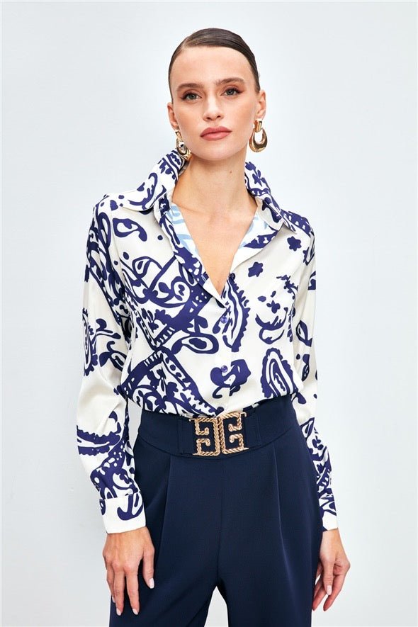 Patterned Casual Satin Shirt - navy Blue Multi - LussoCA
