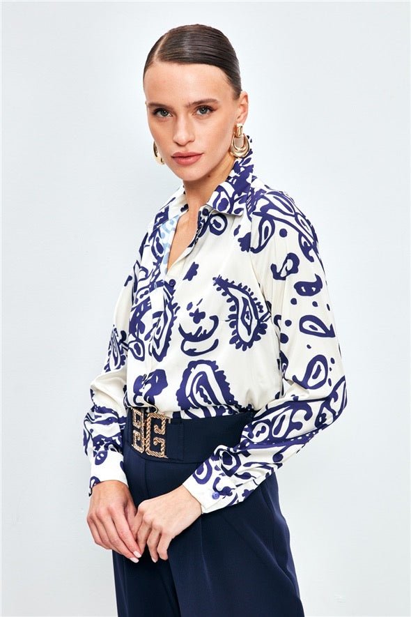 Patterned Casual Satin Shirt - navy Blue Multi - LussoCA