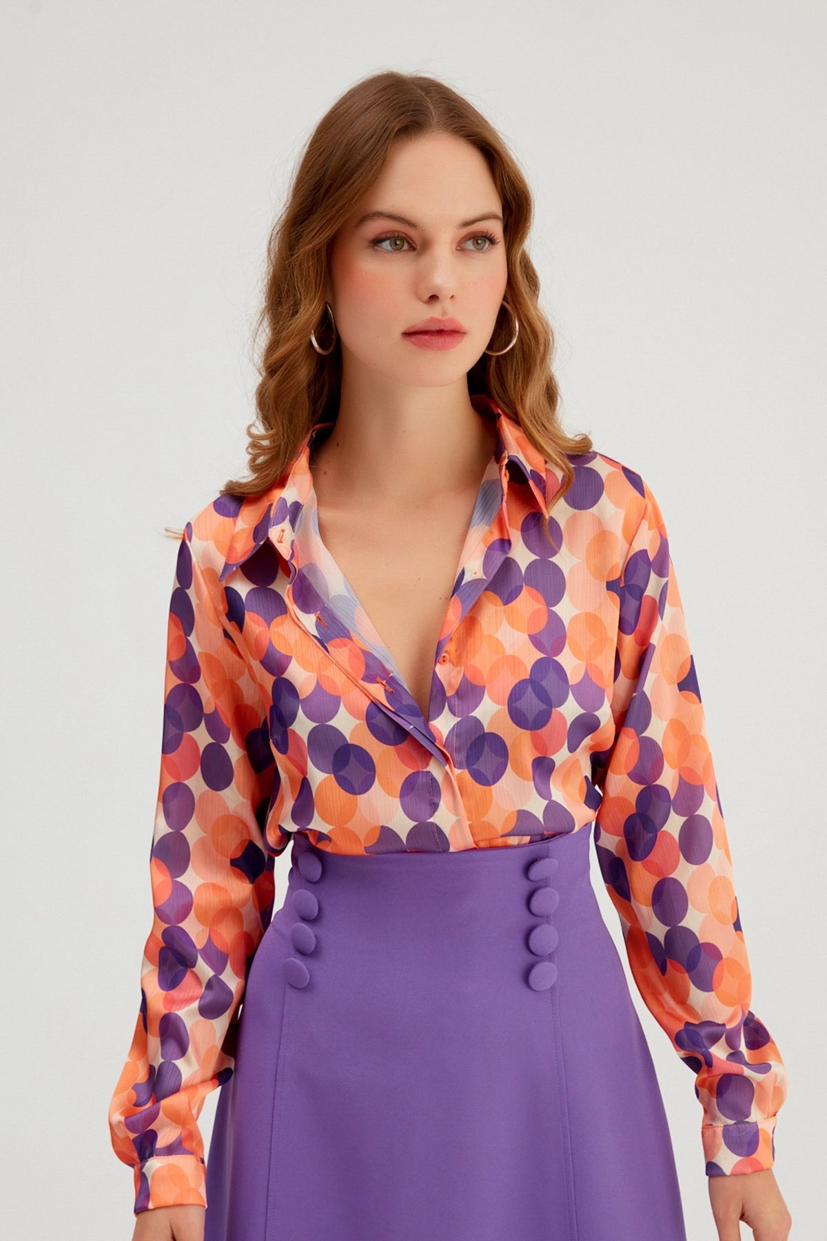Patterned Loose Satin Silk Shirt - Orange - Top - LussoCA