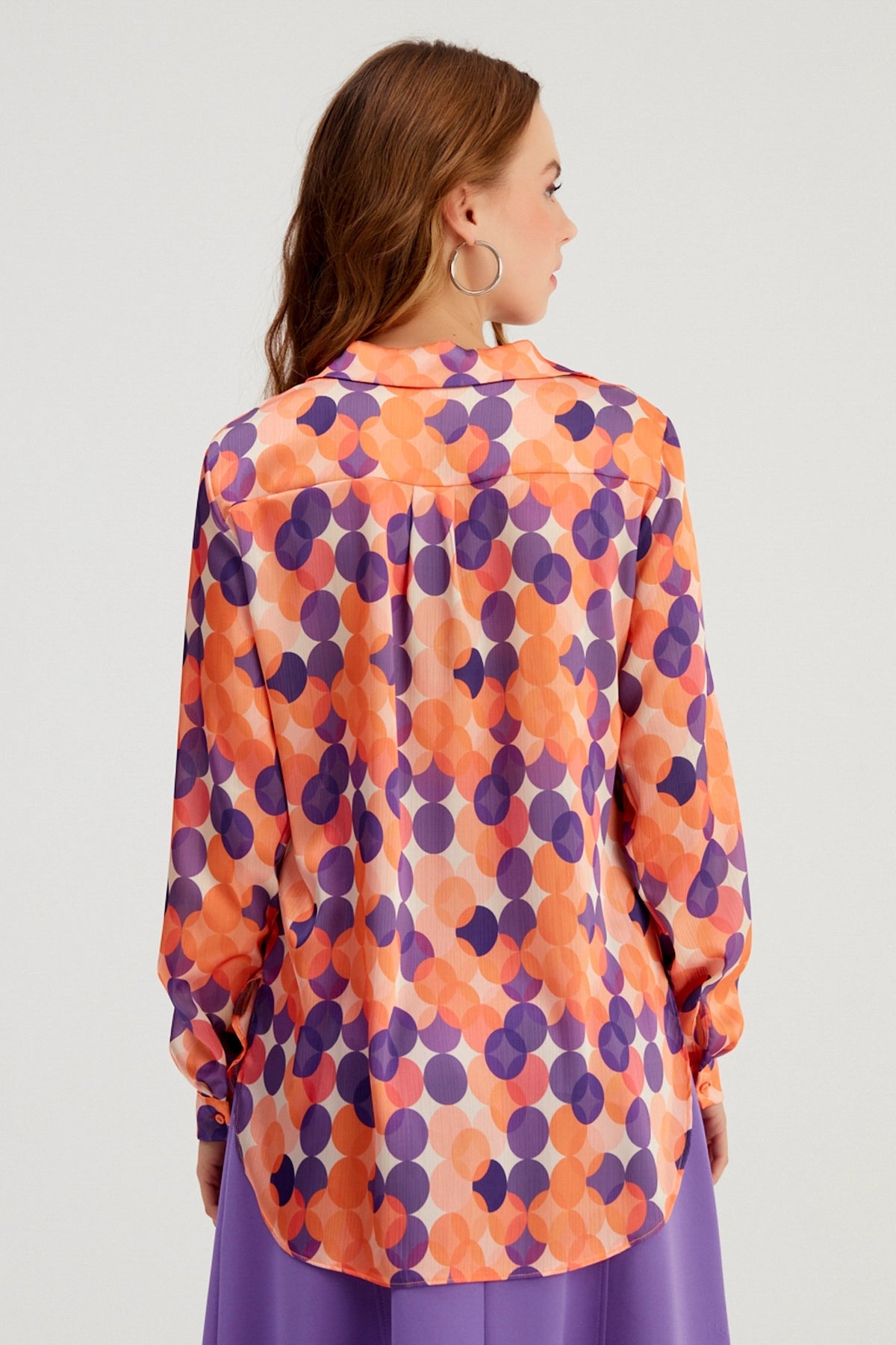 Patterned Loose Satin Silk Shirt - Orange - Top - LussoCA