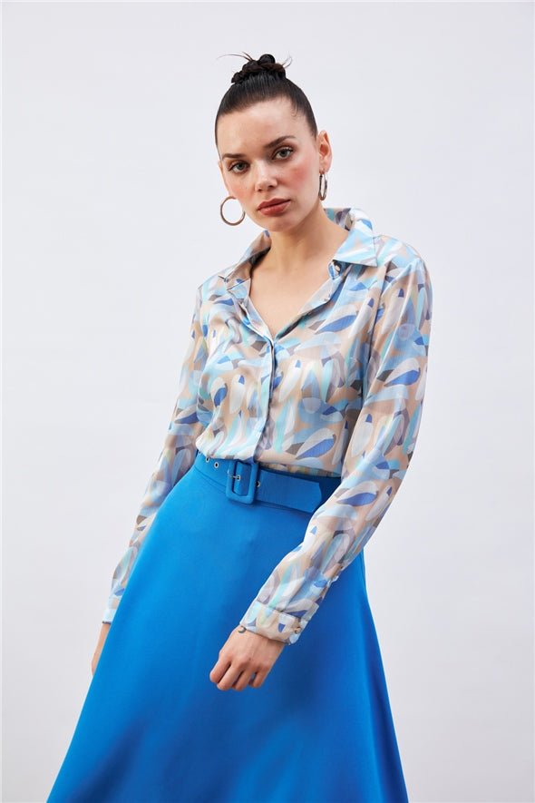 Patterned Satin Silk long button down Shirt - Baby Blue-Multi - Top - LussoCA