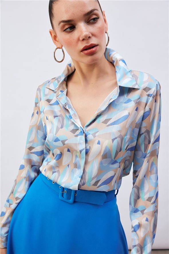 Patterned Satin Silk long button down Shirt - Baby Blue-Multi - Top - LussoCA