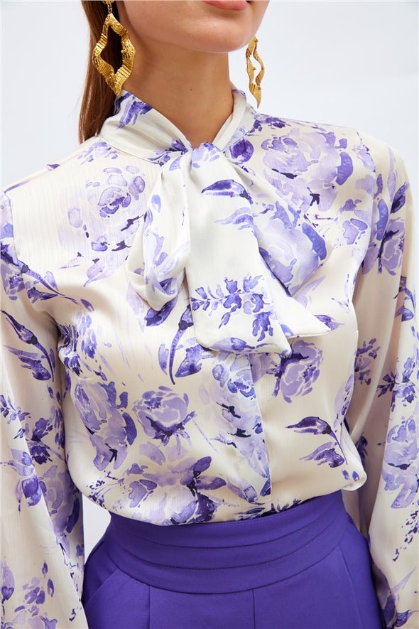 Patterned Shirt with Scarf on the Collar - PURPLE - Top - LussoCA