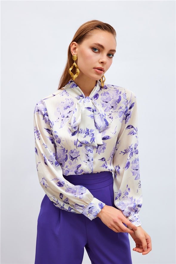 Patterned Shirt with Scarf on the Collar - PURPLE - Top - LussoCA