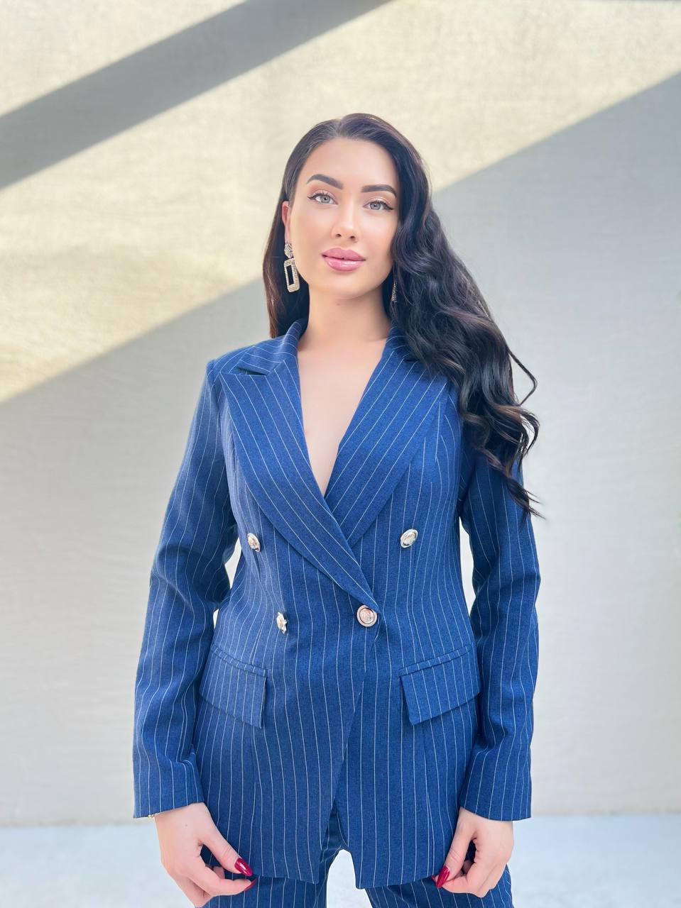 Pinstripe Double Breasted Jacket - Navy Blue - LussoCA