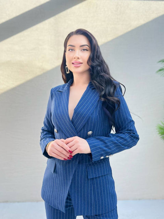 Pinstripe Double Breasted Jacket - Navy Blue - LussoCA