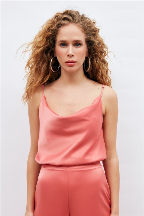 Plunging Neck Satin Cami - Coral - Top - LussoCA