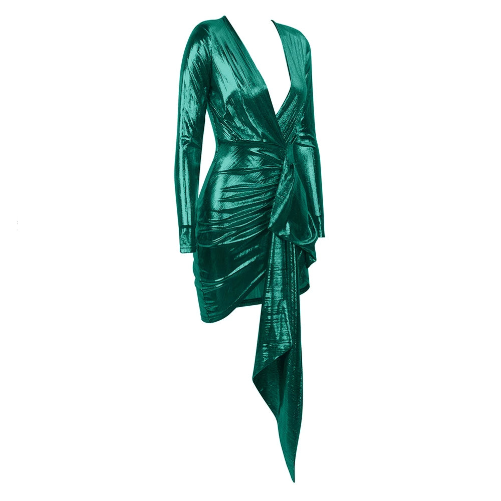 Fashionable and attention-grabbing V-neck pleated sparkling dress for a glamorous night.