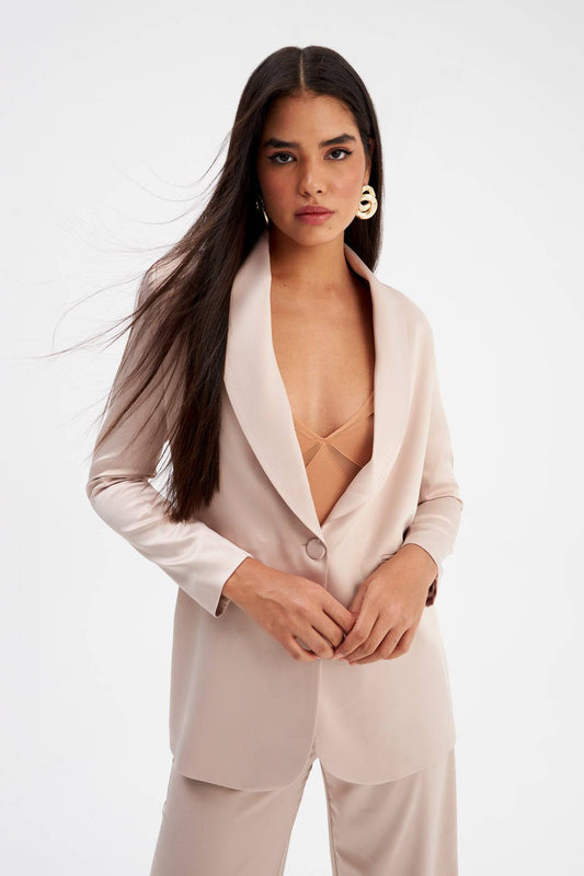 Shawl Collar Satin Jacket - Beige - LussoCA
