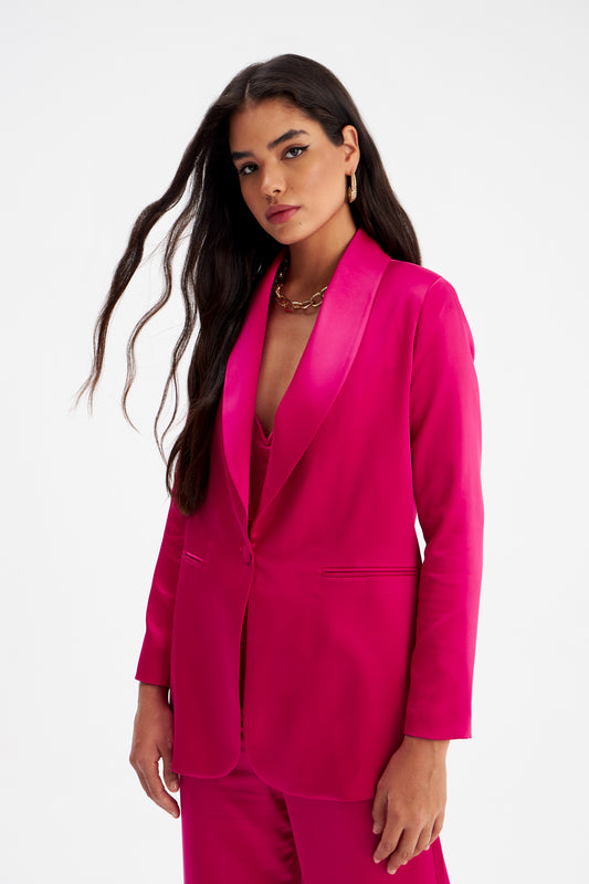 Shawl Collar Satin Jacket - Pink - LussoCA