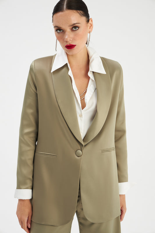 Shawl Collar Satin Jacket - OIL GREEN - LussoCA