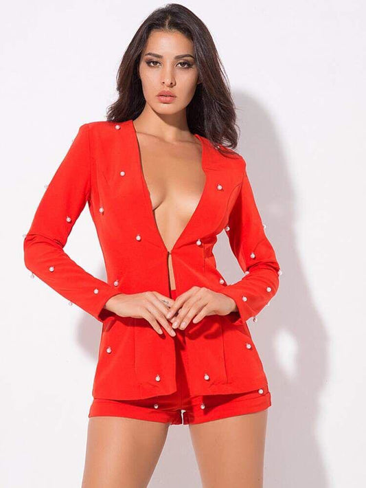 Victoria V-neck Red nail together two-pieces sets-Set-Lussoca-LussoCA