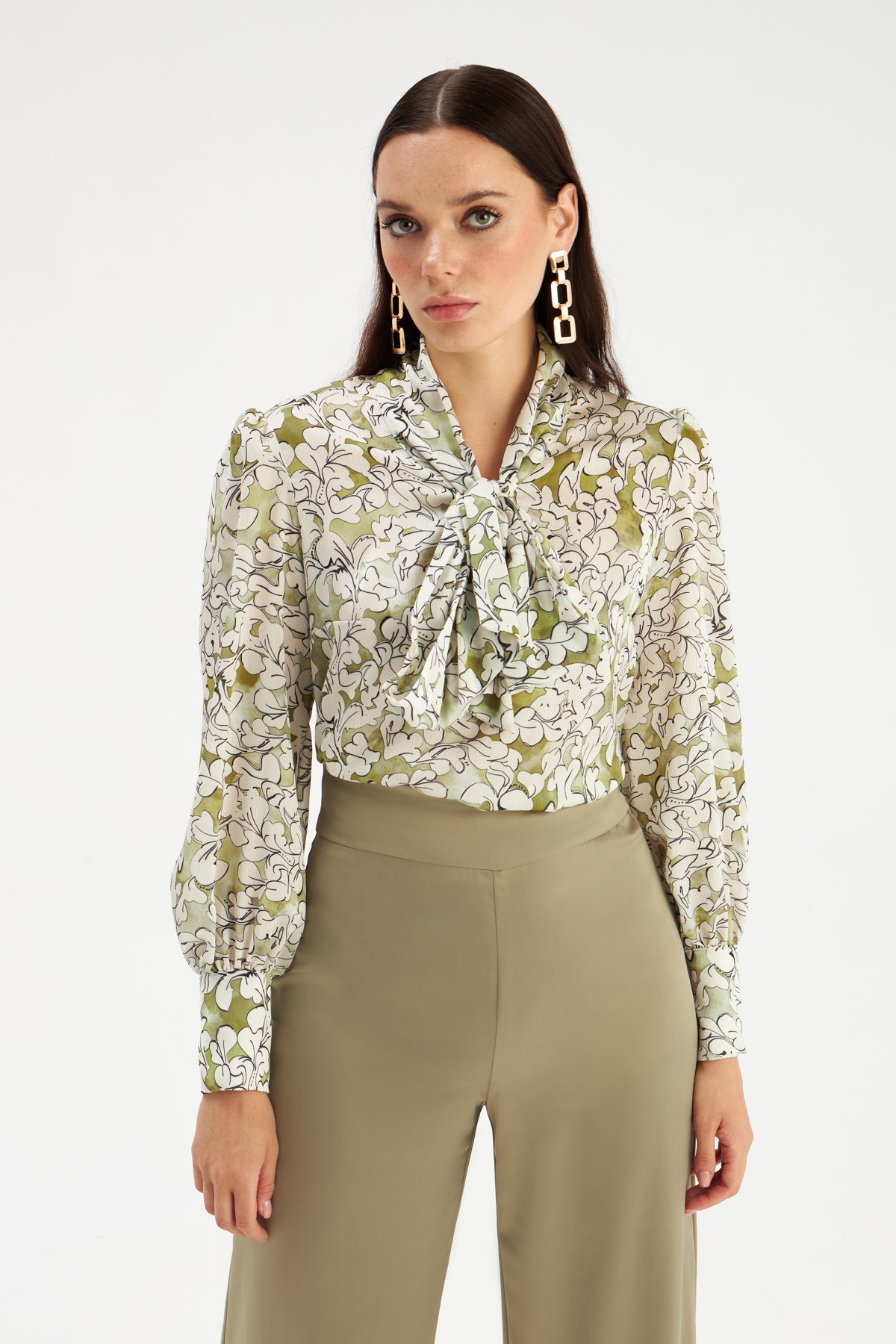 Tie Collar Patterned Blouse - GREEN