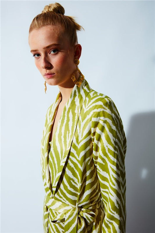 Zebra Satin Jacket with Belt -Green - LussoCA